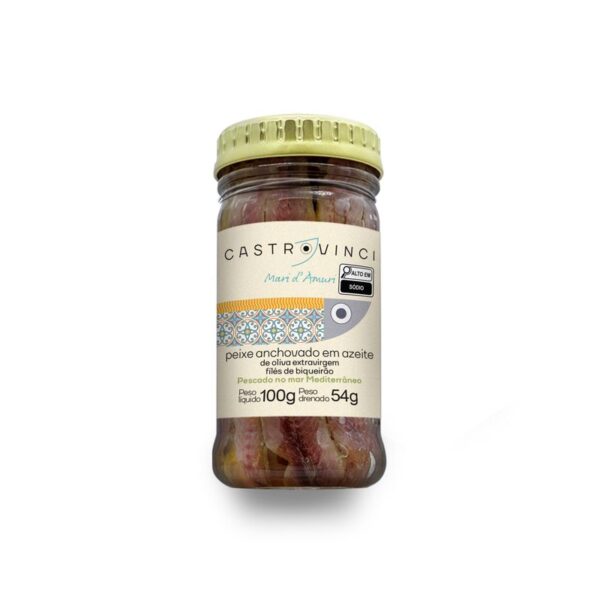 ANCHOVAS EM AZEITE EVO VIDRO 100G - FILÉS DE BIQUEIRÃO 12 UN